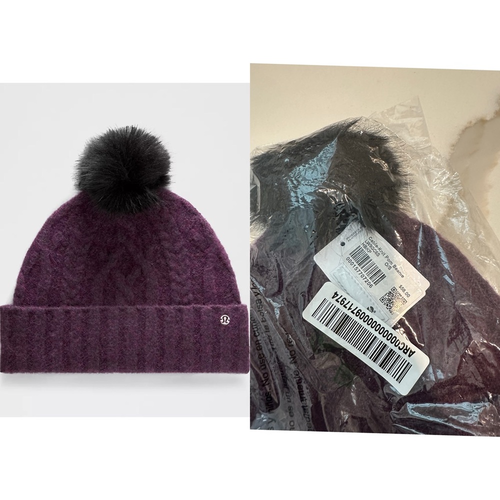 NWT Lululemon Alpaca Wool-Blend Cable-Knit Pom Beanie Heathered Black Plum